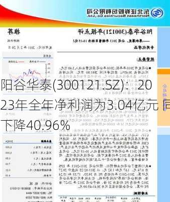 阳谷华泰(300121.SZ)：2023年全年净利润为3.04亿元 同比下降40.96%