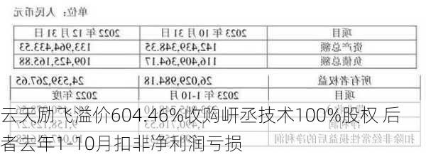 云天励飞溢价604.46%收购岍丞技术100%股权 后者去年1-10月扣非净利润亏损