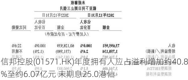 信邦控股(01571.HK)年度拥有人应占溢利增加约40.8%至约6.07亿元 末期息25.0港仙