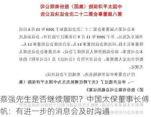 蔡强先生是否继续履职？中国太保董事长傅帆：有进一步的消息会及时沟通