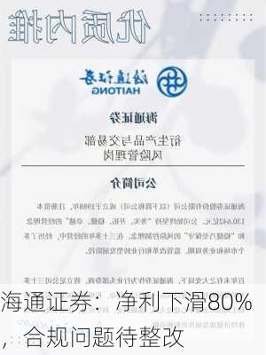 海通证券：净利下滑80%，合规问题待整改