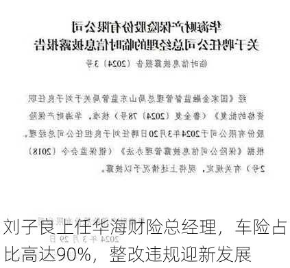 刘子良上任华海财险总经理，车险占比高达90%，整改违规迎新发展