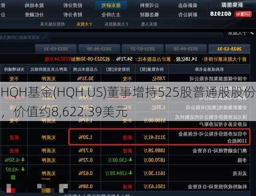 HQH基金(HQH.US)董事增持525股普通股股份，价值约8,622.39美元