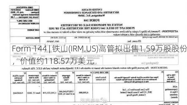 Form 144 | 铁山(IRM.US)高管拟出售1.59万股股份，价值约118.57万美元