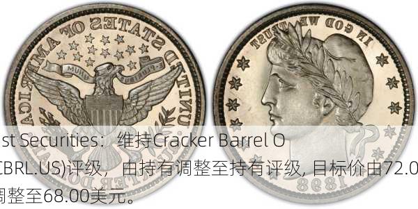 Truist Securities：维持Cracker Barrel Old(CBRL.US)评级，由持有调整至持有评级, 目标价由72.00美元调整至68.00美元。