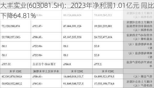 大丰实业(603081.SH)：2023年净利润1.01亿元 同比下降64.81%