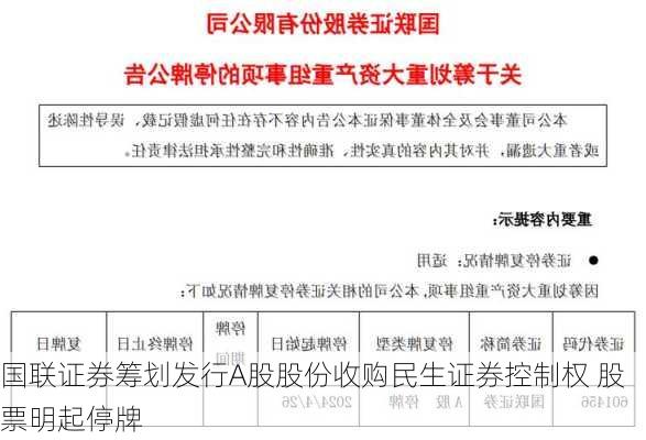 国联证券筹划发行A股股份收购民生证券控制权 股票明起停牌