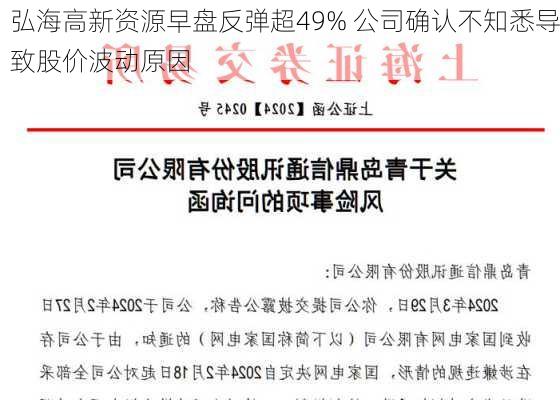 弘海高新资源早盘反弹超49% 公司确认不知悉导致股价波动原因