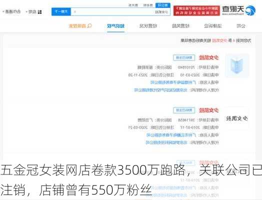 五金冠女装网店卷款3500万跑路，关联公司已注销，店铺曾有550万粉丝