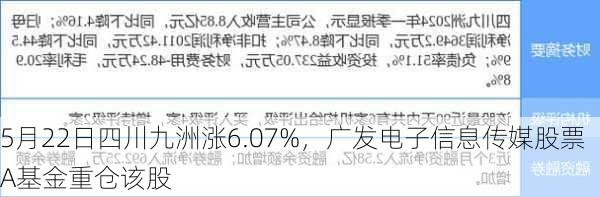 5月22日四川九洲涨6.07%，广发电子信息传媒股票A基金重仓该股