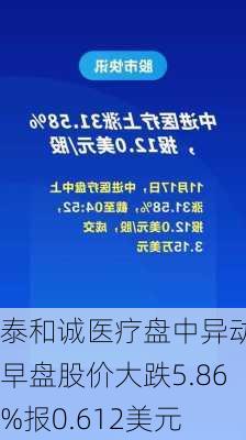 泰和诚医疗盘中异动 早盘股价大跌5.86%报0.612美元