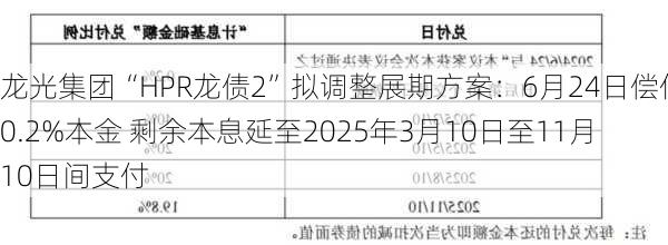 龙光集团“HPR龙债2”拟调整展期方案：6月24日偿付0.2%本金 剩余本息延至2025年3月10日至11月10日间支付