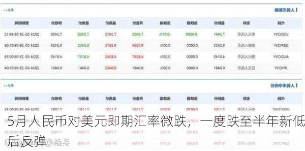 5月人民币对美元即期汇率微跌，一度跌至半年新低后反弹