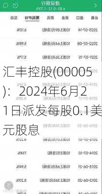 汇丰控股(00005)：2024年6月21日派发每股0.1美元股息