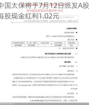 中国太保将于7月12日派发A股每股现金红利1.02元