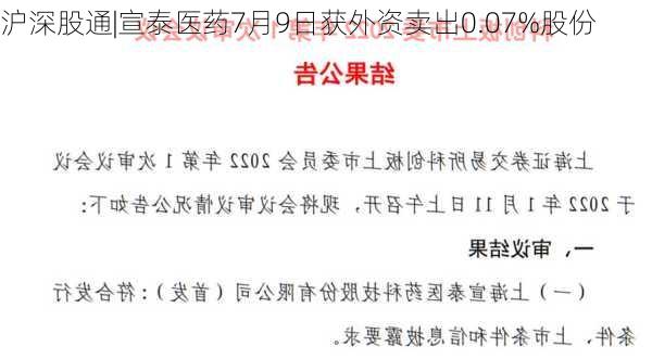 沪深股通|宣泰医药7月9日获外资卖出0.07%股份