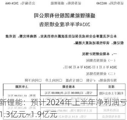 盛新锂能：预计2024年上半年净利润亏损1.3亿元~1.9亿元