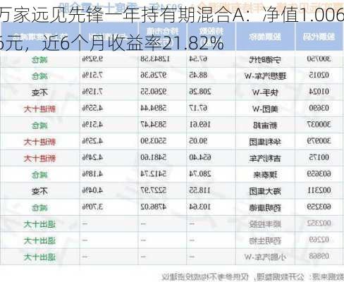 万家远见先锋一年持有期混合A：净值1.0066元，近6个月收益率21.82%