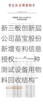 新三板创新层公司晶宝股份新增专利信息授权：“一种测试设备用物料回收结构”