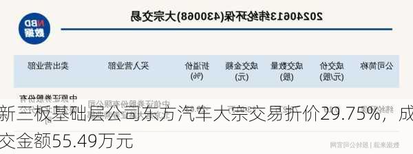 新三板基础层公司东方汽车大宗交易折价29.75%，成交金额55.49万元