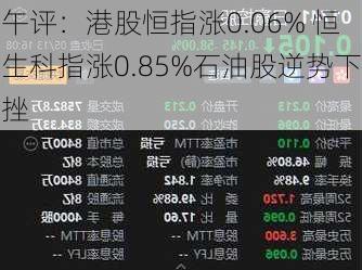 午评：港股恒指涨0.06% 恒生科指涨0.85%石油股逆势下挫