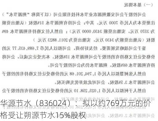 华源节水（836024）：拟以约769万元的价格受让朔源节水15%股权