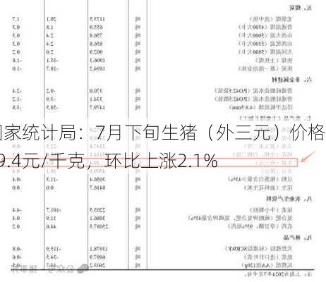 国家统计局：7月下旬生猪（外三元）价格为19.4元/千克，环比上涨2.1%