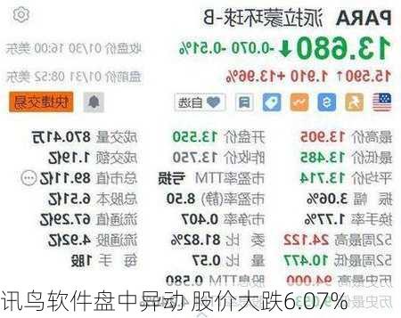 讯鸟软件盘中异动 股价大跌6.07%