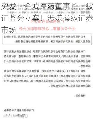 突发！金城医药董事长，被证监会立案！涉嫌操纵证券市场