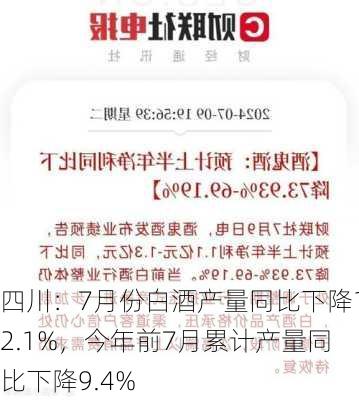 四川：7月份白酒产量同比下降12.1%，今年前7月累计产量同比下降9.4%