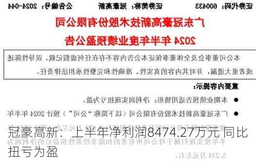 冠豪高新：上半年净利润8474.27万元 同比扭亏为盈