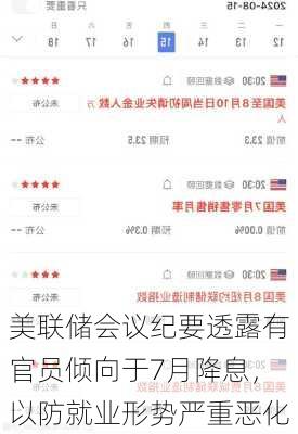 美联储会议纪要透露有官员倾向于7月降息，以防就业形势严重恶化