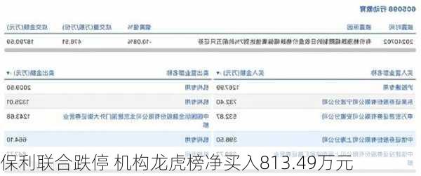 保利联合跌停 机构龙虎榜净买入813.49万元