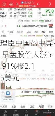 理臣中国盘中异动 早盘股价大涨5.91%报2.15美元