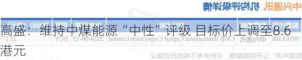 高盛：维持中煤能源“中性”评级 目标价上调至8.6港元