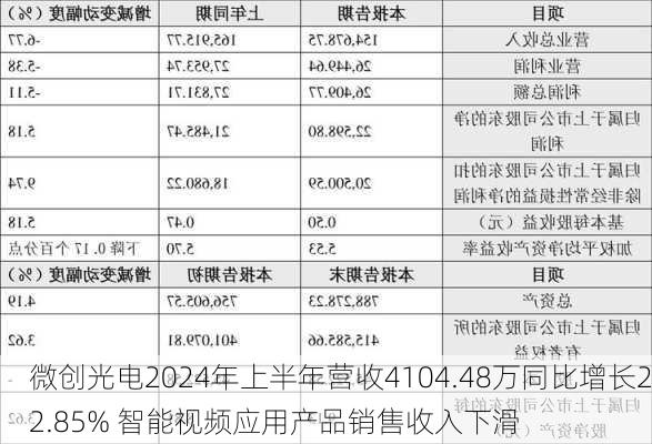 微创光电2024年上半年营收4104.48万同比增长22.85% 智能视频应用产品销售收入下滑