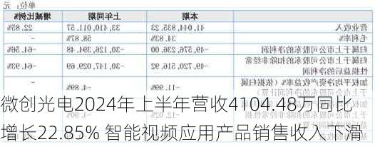 微创光电2024年上半年营收4104.48万同比增长22.85% 智能视频应用产品销售收入下滑