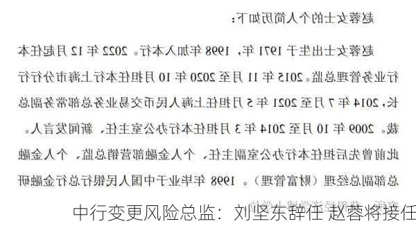 中行变更风险总监：刘坚东辞任 赵蓉将接任