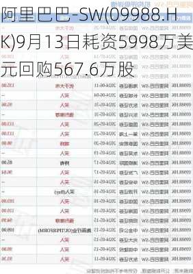 阿里巴巴-SW(09988.HK)9月13日耗资5998万美元回购567.6万股