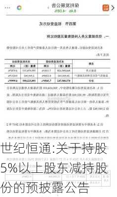 世纪恒通:关于持股5%以上股东减持股份的预披露公告