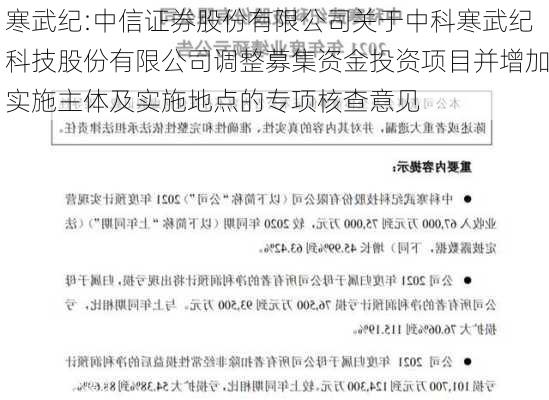 寒武纪:中信证券股份有限公司关于中科寒武纪科技股份有限公司调整募集资金投资项目并增加实施主体及实施地点的专项核查意见