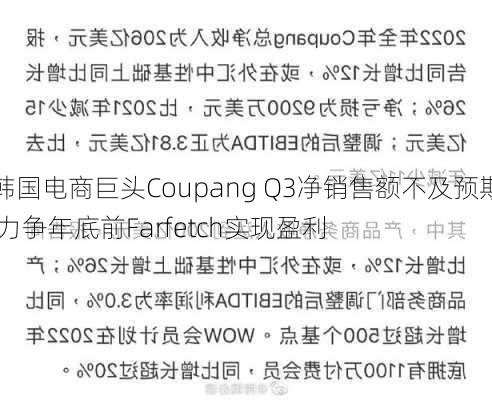 韩国电商巨头Coupang Q3净销售额不及预期 力争年底前Farfetch实现盈利