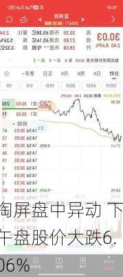 淘屏盘中异动 下午盘股价大跌6.06%